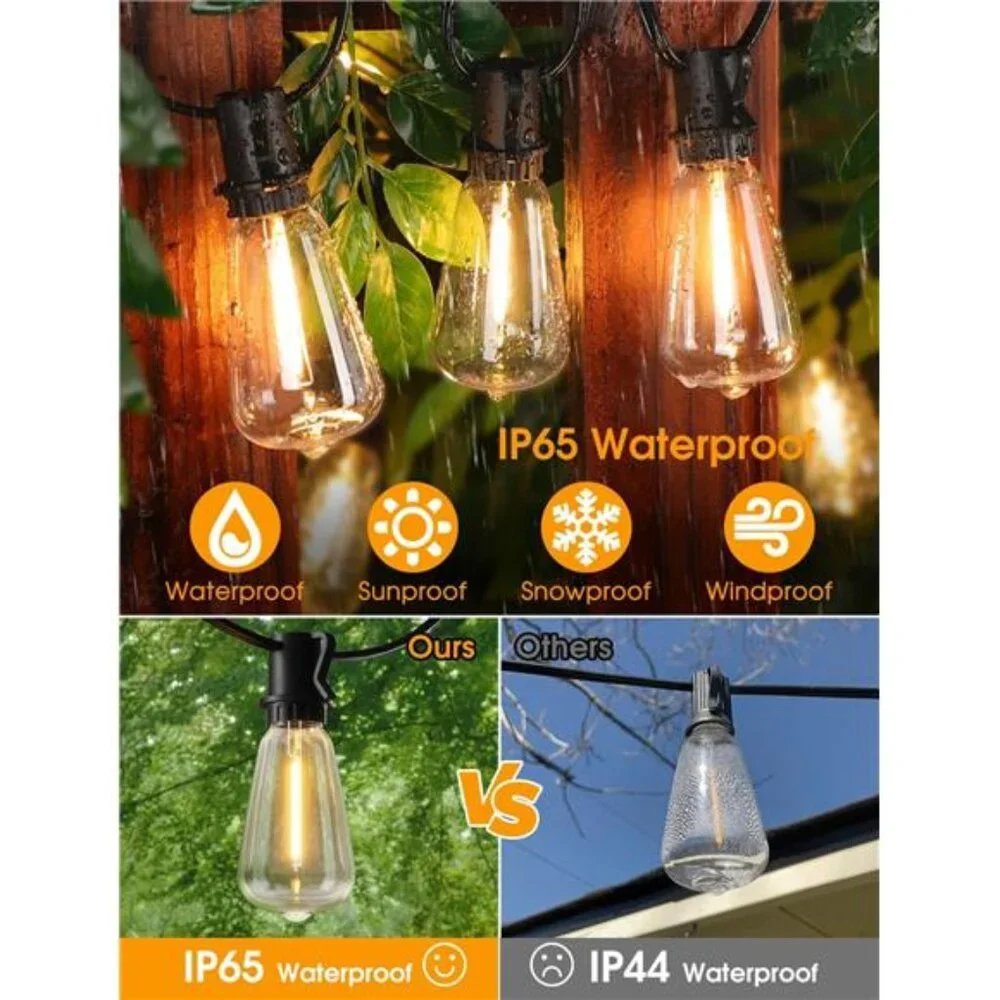25FT Outdoor String Lights, Patio Lights with 10+1 LED Dimmable Waterproof
